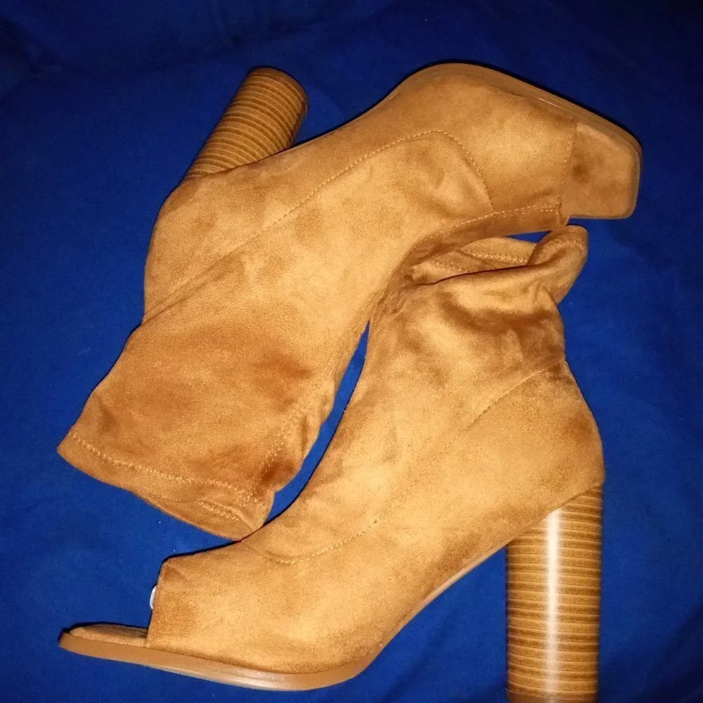 ALWAYS READY / COGNAC  Stylish Peep Toe  Ankle Boots Chunky Stacked  ( BRAND NEW - Picture 2 of 4